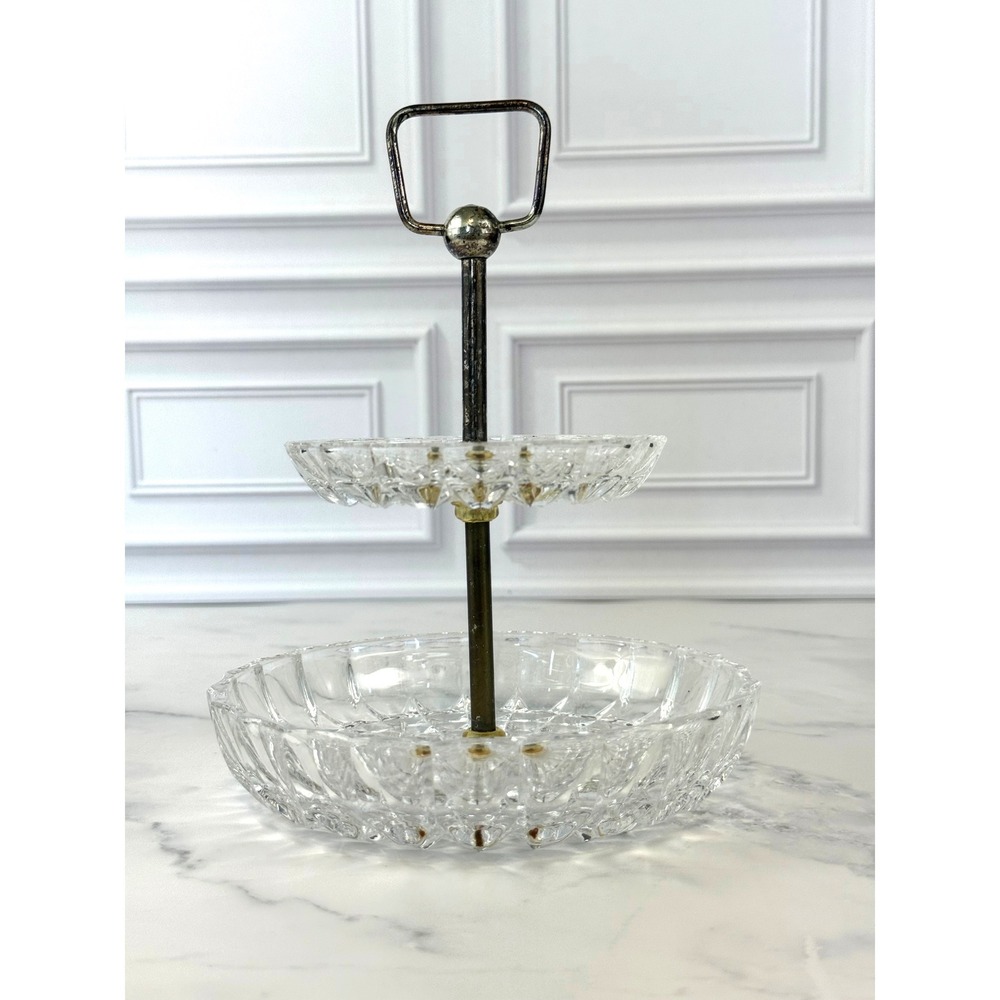 VTG Mini Crystal Tiered Tray Silver‎ Handle Regency Style 7 1/4" Tall EUC!